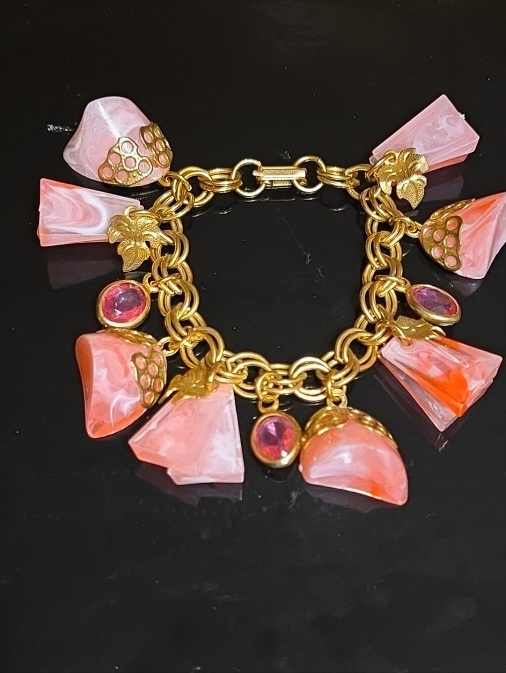 1950s Marbled Lucite Gold-Tone Pink Charm Bracelet